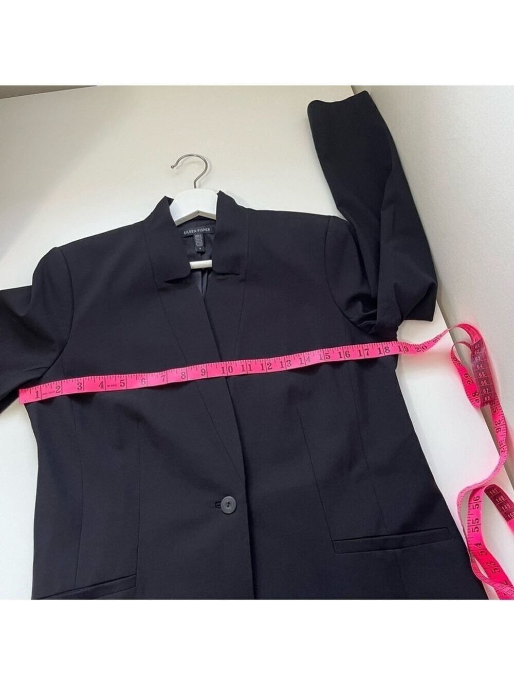 EILEEN FISHER CLASSIC LONG BLACK WOOL SILK BLEND BLAZER - Picture 9 of 10
